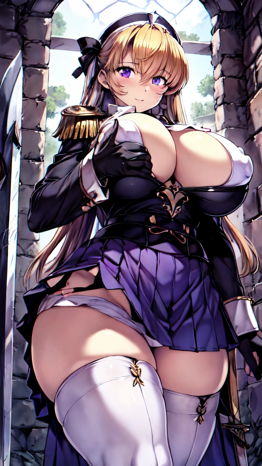 masterpiece, Highest quality,1girl,solo、moving、large breasts、Wide breasts、Saggy breasts、female knight、Light Brown Hair、Long Hair、Blue Eye、RAW Color、tall、(((White military uniform:1.5、An adult woman holding a thin long sword、Epaulettes、Purple Skirt)))、(Black Stockings:1.3)、(highheel),whole body、Purple leg armor over stockings、Narrow eyes、Fighting monsters、(Dark Dungeon、Dark Prison) 、Are standing、Combat Ready、 Waiting to start
