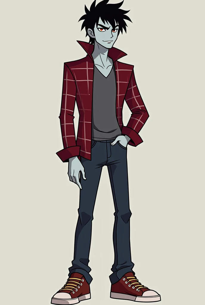 Marshall Lee has a slim body, an average height, black hair, and light gray skin. He has a matching permanent bite mark like Marceline's which shows he is a vampire. In Fionna and Cake and Bad , he is seen wearing a red plaid shirt with gray stripes, dark blue jeans, and brownish-red and white sneakers.