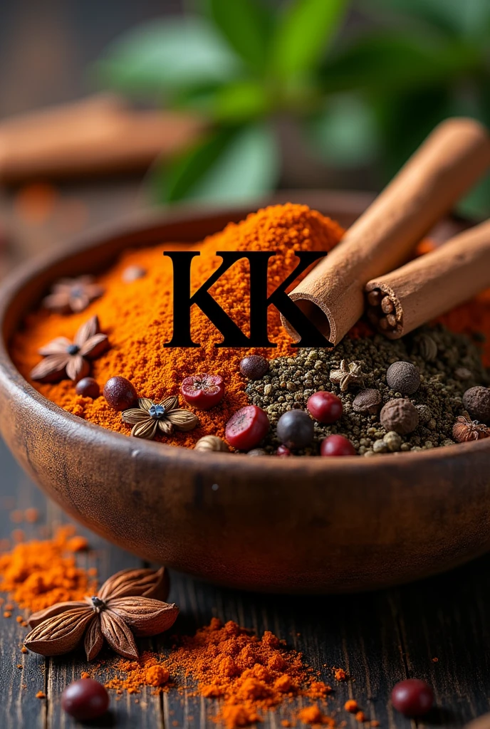 A logo for "KK" realistic using colours premium touch with spices on bowl etc natural touch Alphabetical Style