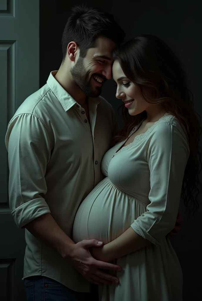 A man hugs a pregnant woman's belly with a chilling smile.