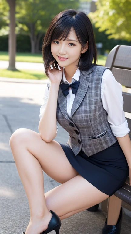 Very realistic and clear photos,Anatomically accurate body,The correct five fingers,Wearing a ring on the left ring finger,Japanese,1 mature woman, Age 35,Slightly larger breasts,slightly larger hips,Just a little fat,Translucent white and delicate skin,The eyes are small,Neat and clean beauty,Facial expressions that invite a man,Married and settled,Bob or short hair,office worker, receptionist, (White and grey checked vest:1.2) (Navy pencil skirt) bow tie, High heels,sitting on a park bench,Very attractive thighs extending from the skirt,Spread your legs wide,/(Black Hair/) bangs, Smile a little, (Masterpiece Top quality:1.2) Delicate illustrations, super detailed, Detailed Background,Full body photo from toe to head