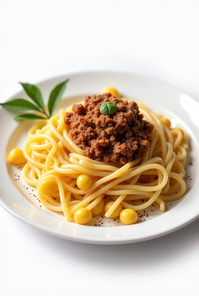 Pasta with a little minced meat in a white plate on a transparent background 