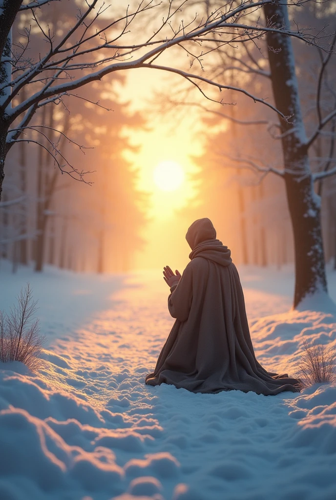 Praying at sunrise on an early winter morning,