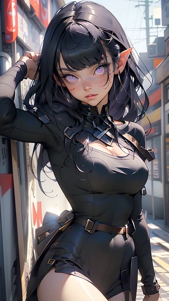 ((Best quality)), ((masterpiece)), (detailed: 1.5). Beautiful woman, one girl, very detailed eyes, very detailed hair, very detailed clothes, very detailed face, 2. ((Purple eyes)), ((black hair, straight hair, long hair, bangs)), pale skin, small elf ears, (black lingerie), ((large breasts)), cleavage, sexy, choker, beautiful eyelashes, eyeliner, sultry eyes, juicy lips, plump lips, soft blush, smooth skin, freckles, dolly face, thin eyebrows.