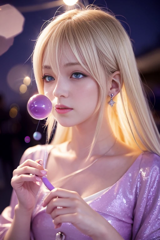 Blowing bubbles under the stars、Anime-style light blonde hair and purple eyes