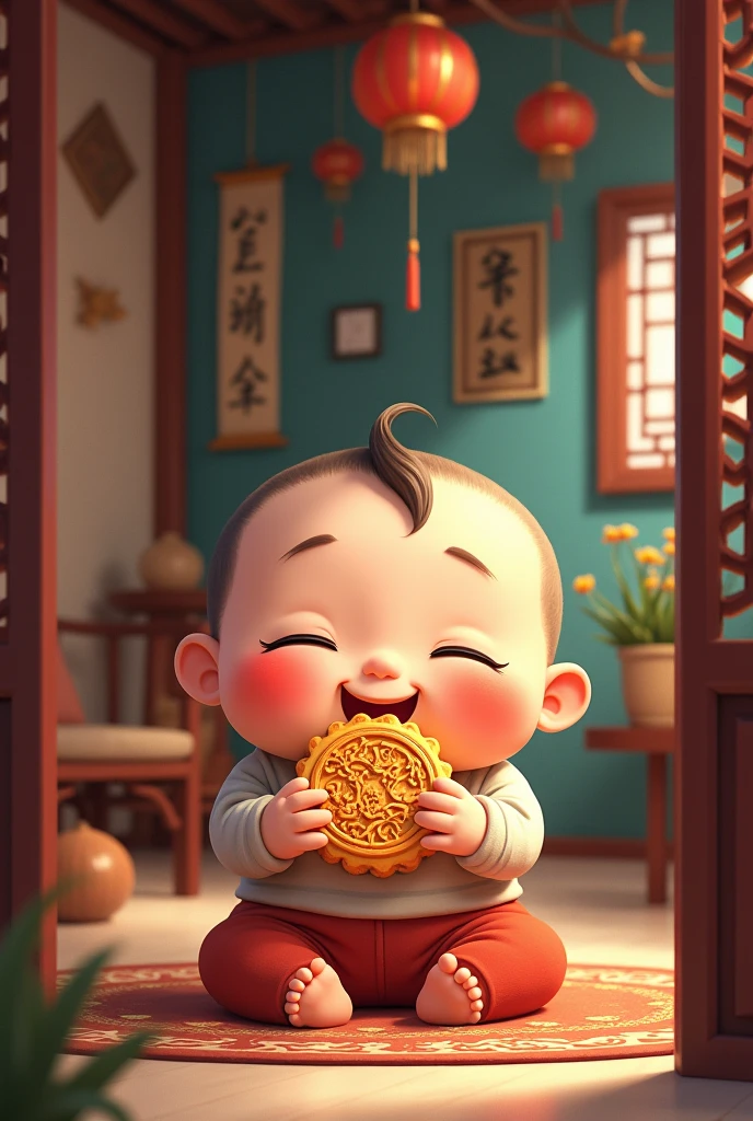 Draw me a picture , chubby boy with two cheeks, moon cake, whole house for moon cake