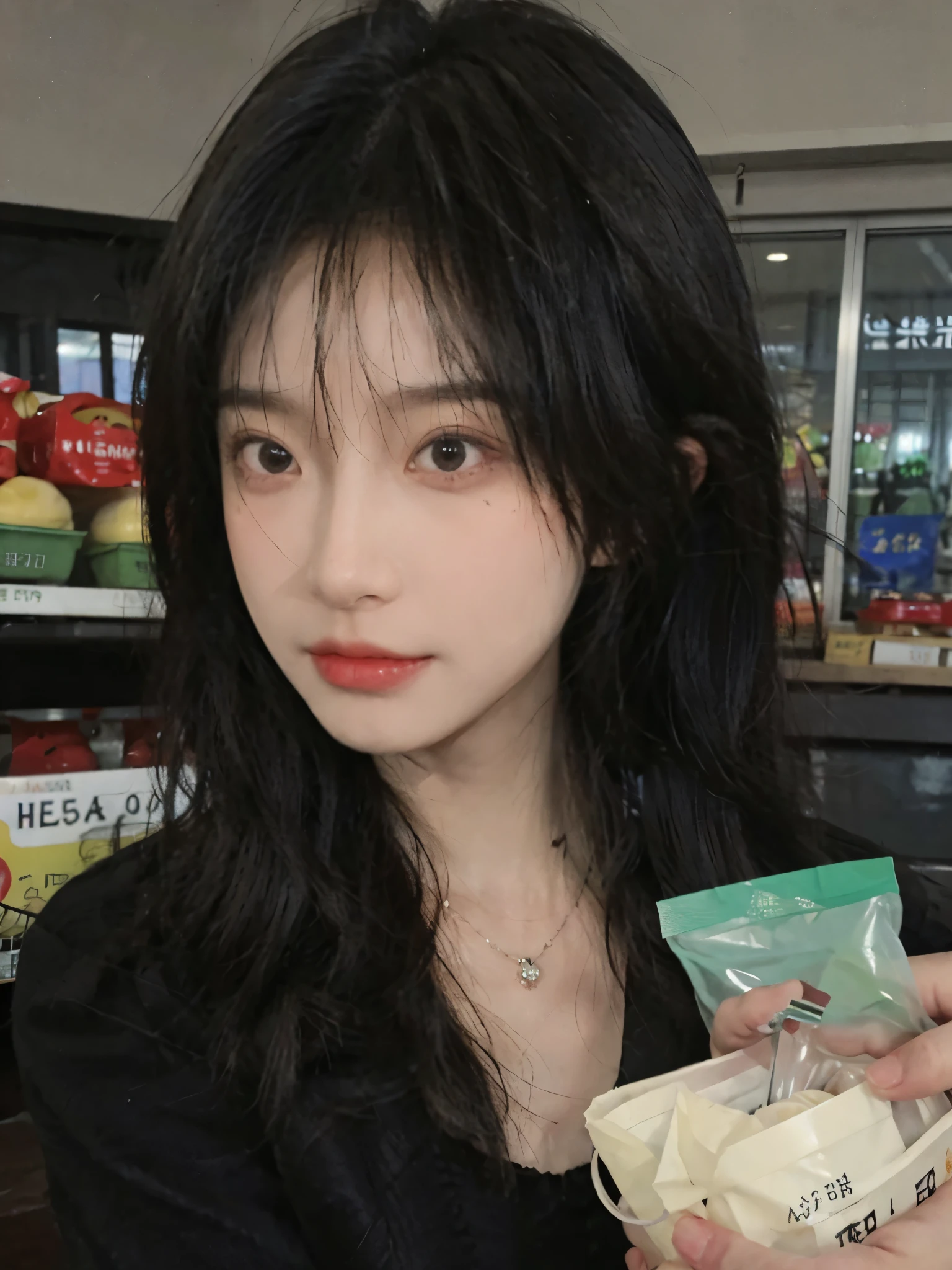 Best quality,Ultra-high resolution,(Realism:1.4),cute,cute发夹,girll,Cropped black sweater,Look directly at the audience,Full of atmosphere,Beautiful woman with a slim figure:1.4,supermarket,whole body,Super delicate face,Exquisite eyes,Double eyelids,necklace