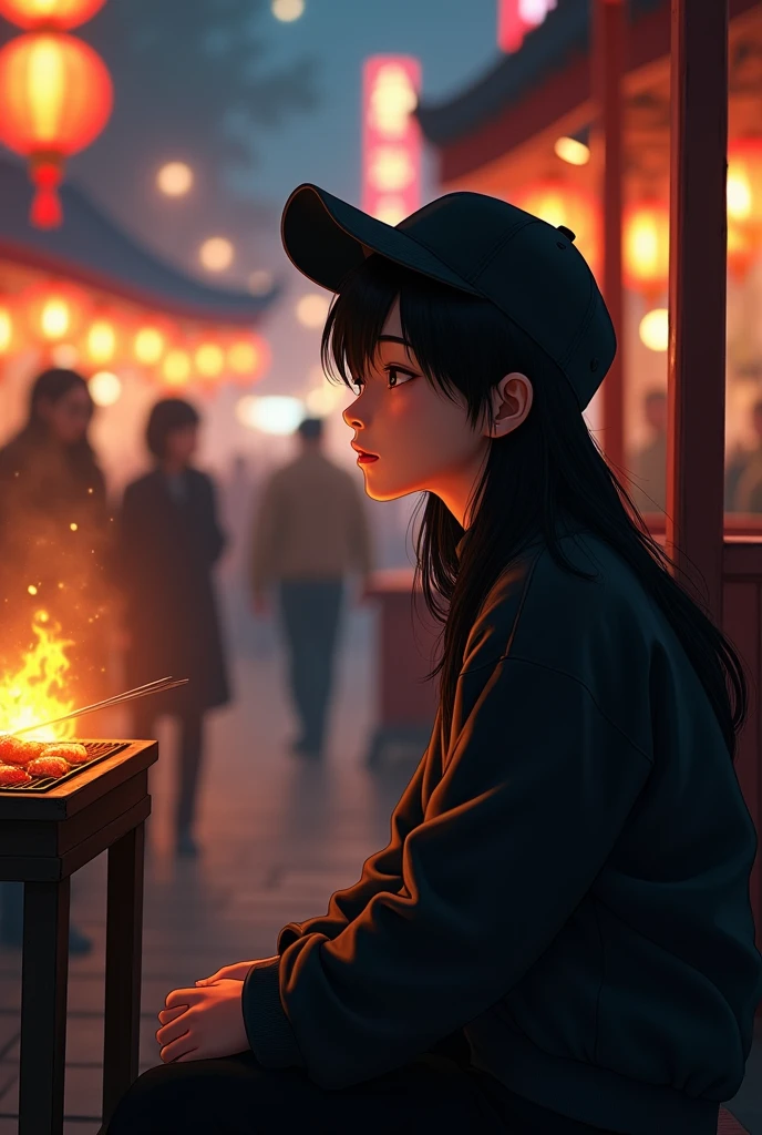 Yiquan is a Chinese boy with long black hair,Likes to wear black caps and black clothes,He sat alone in the corner,The light from the barbecue grill reflected on his expressionless face.,There are people coming and going around,And the noisy noises