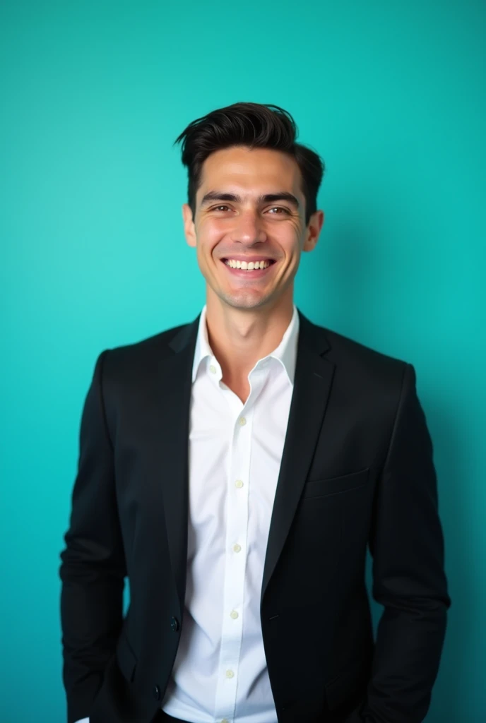 A young man with dark hair and confident smile. He is dressed in a black blazer over a White shirt.The man is positioned Against aqua colour backdrop. And he is positioning for linkedin profile 