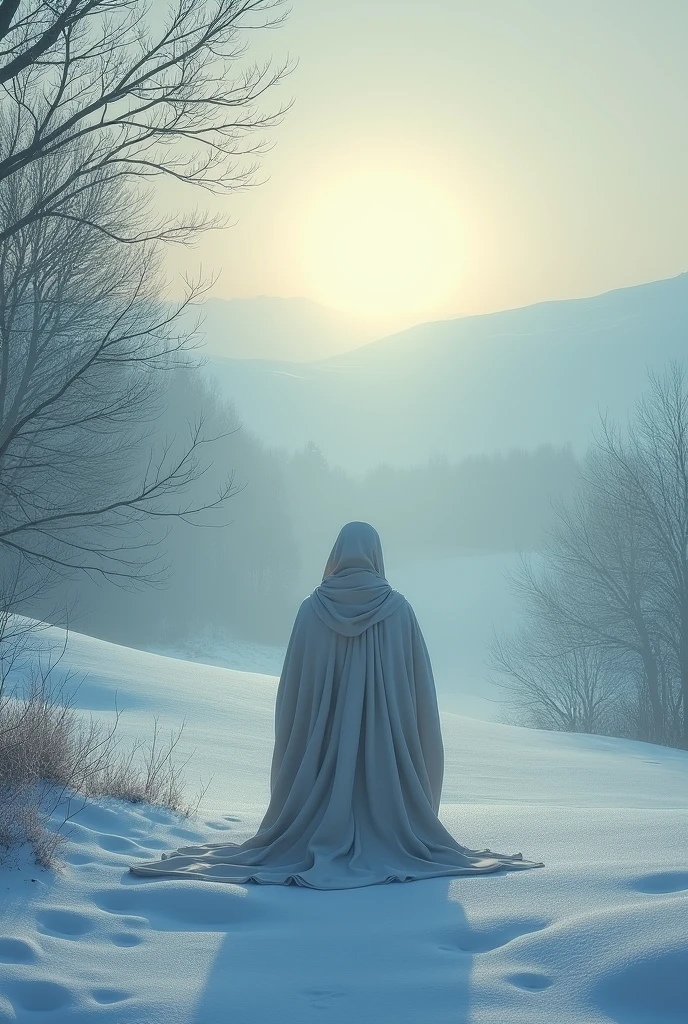 Praying at sunrise on an early winter morning, Snow Scenery