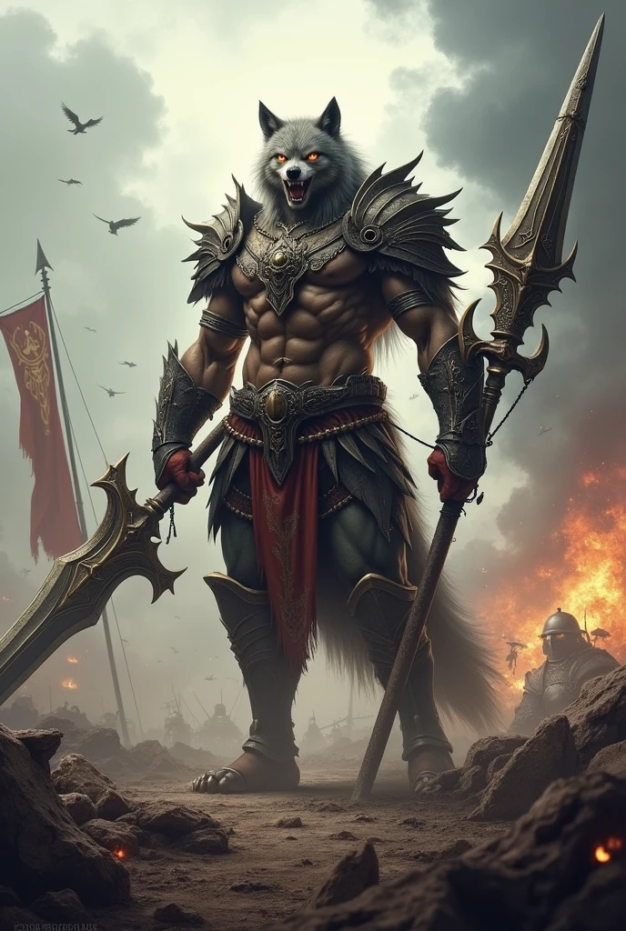 Warrior scary wolf with armour in battlefield 