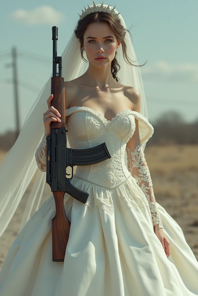 The lady wearing the marriage dress with the AK-47 gun