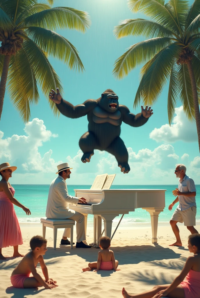 A man in a white suit and hat is singing and playing a white piano on the beach. Above the piano, a black gorilla was dancing. There are two coconut trees on the right and left edges. There are babies crawling and playing in the sand on the beach. Old man and woman holding lottery tickets There was a group of people dancing happily without shoes. The atmosphere is rainy but the sun is shining amidst th
A man in a white suit and hat is singing and playing a white piano on the beach. Above the piano, a black gorilla was dancing. There are two coconut trees on the right and left edges. There are babies crawling and playing in the sand on the beach. Old man and woman holding lottery tickets There was a group of people dancing happily without shoes. The atmosphere is rainy but the sun is shining amidst th
