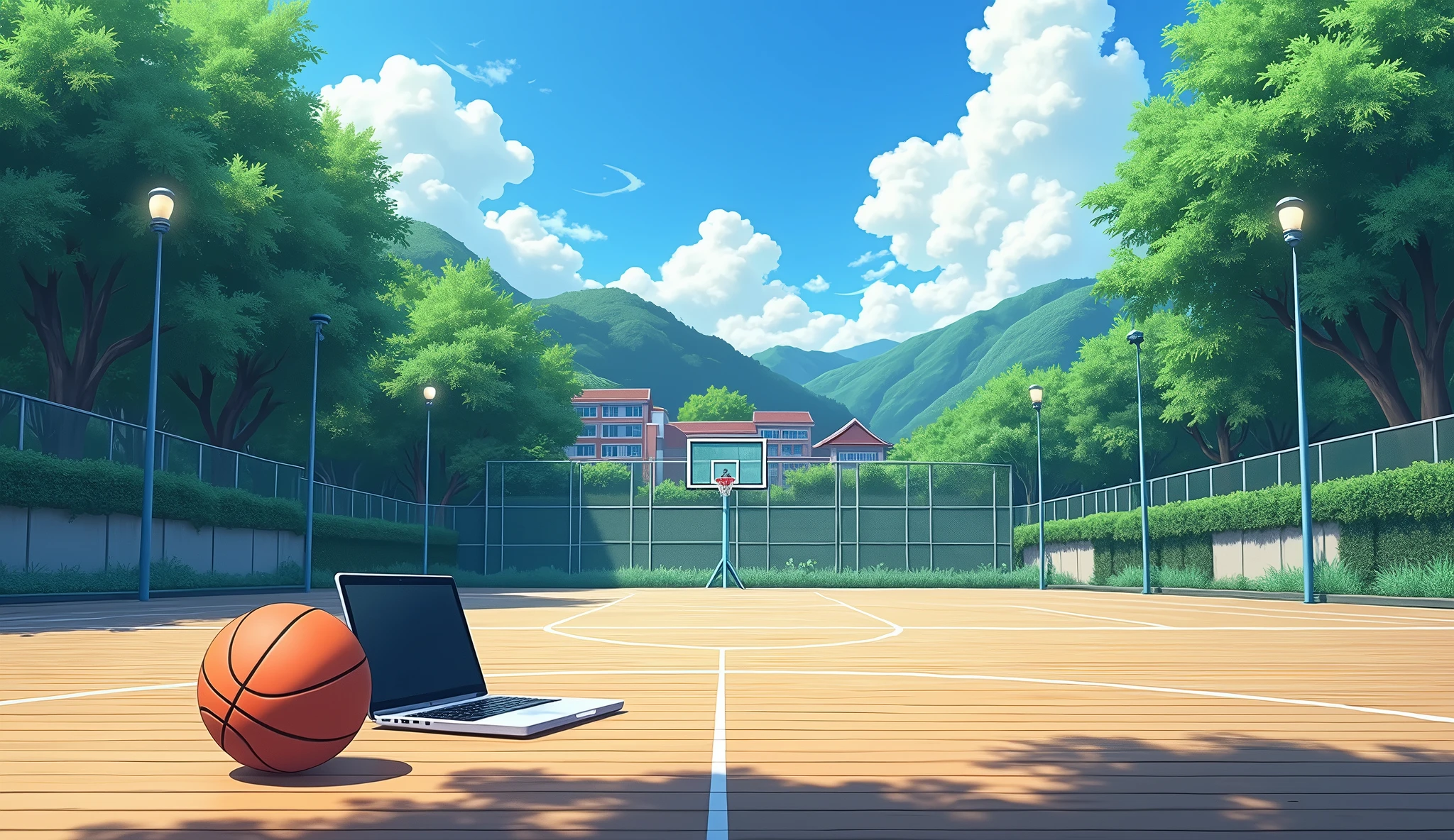 a Japanese outdoor school basketball court. the floor is wooden, the court is empty without any people; there is one basketball ball and a laptop on the floor, basketball ball correct size, masterpiece, super detailed. image taken from afar, anime art