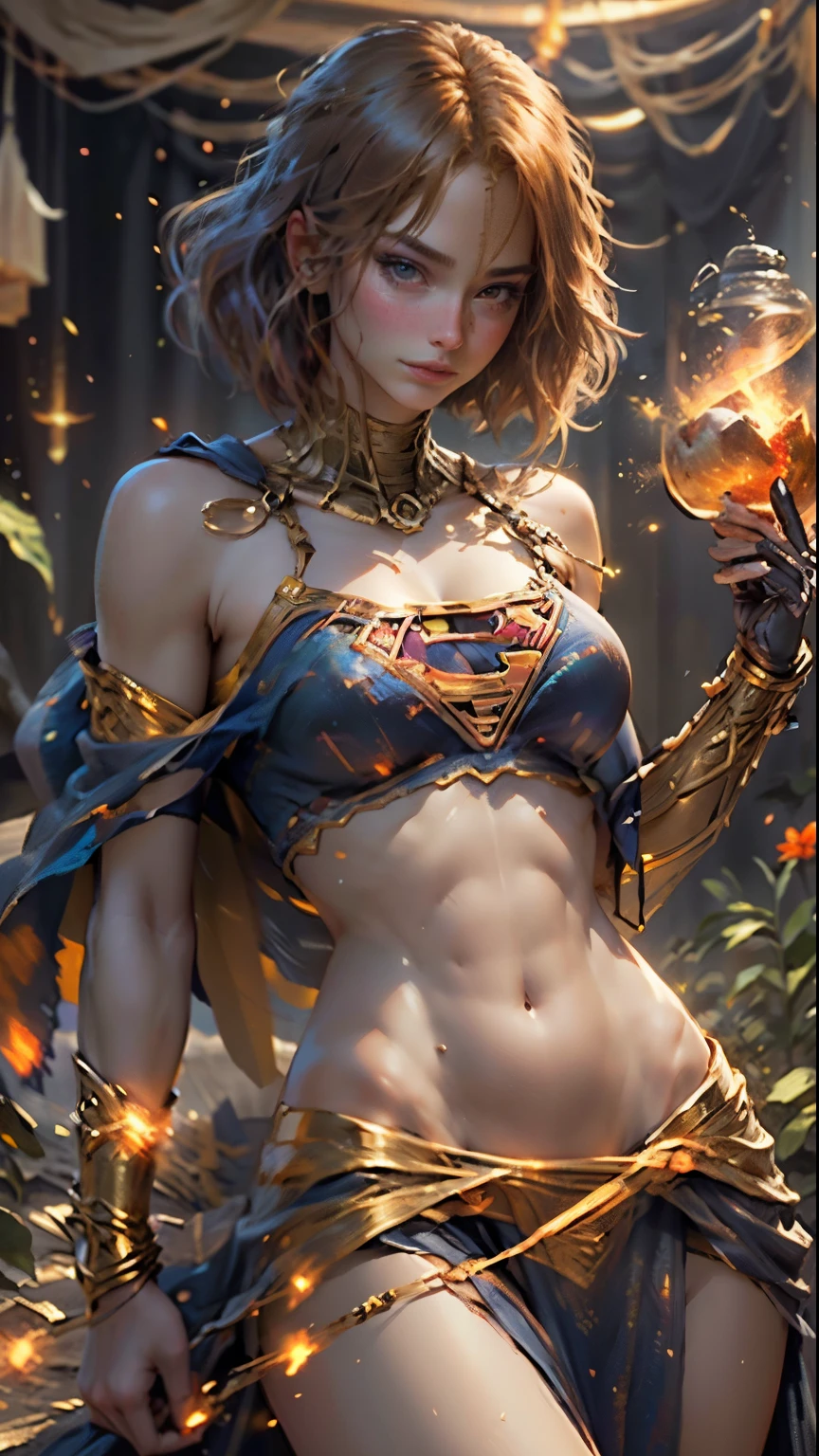 (Masterpiece, Highest quality, Highest picture quality, high resolution, realistic style) Beautiful woman with short hair defines her big breasts., Cosplaying Supergirl