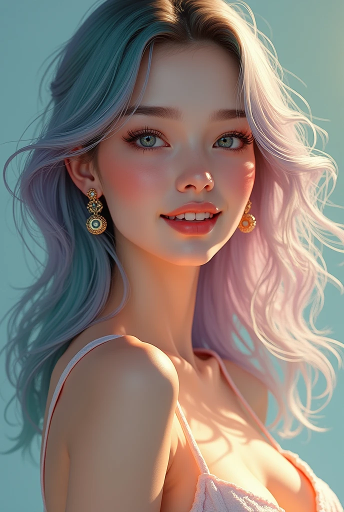 Prompt 0
(masterpiece)),((Highest quality),(Portrait of a beautiful girl),Eye for perfect detail,Face in perfect detail、Very elaborate nose,Radom Color Shorts,Perfect Teeth、Exposing shoulders,Charm,Perfect Face、Dimples on cheeks、Depth of written boundary,High resolution、(Realistic skin texture)),(Well-proportioned hands),Thin lips、Random colored hair,Floating multicolored hair、Narrow waist、
