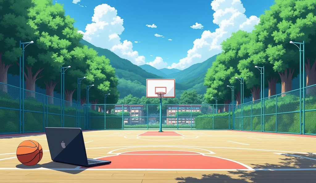a Japanese outdoor school basketball court. the floor is wooden, the court is empty without any people; there is one basketball ball and a laptop on the floor, basketball ball correct size, masterpiece, super detailed. image taken from afar, anime art