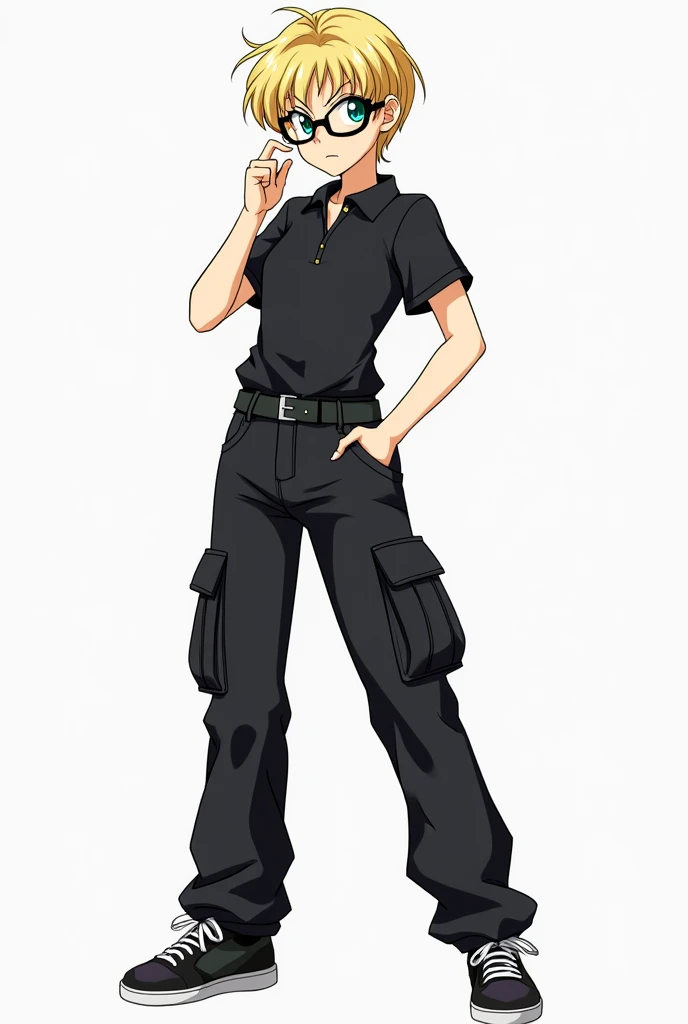 Sailor Uranus from sailor moon wearing glasses, black shirt with collar, black cargo pants & black sports shoes . Anime version