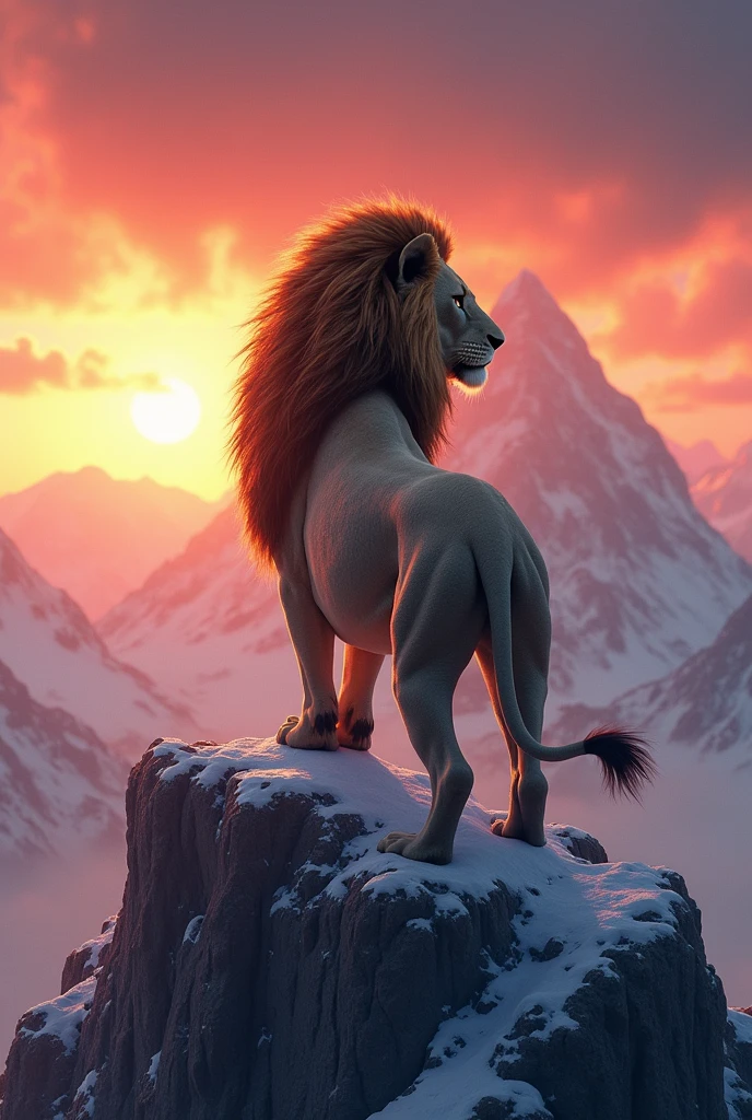 A lion back position on a mountain in sunset