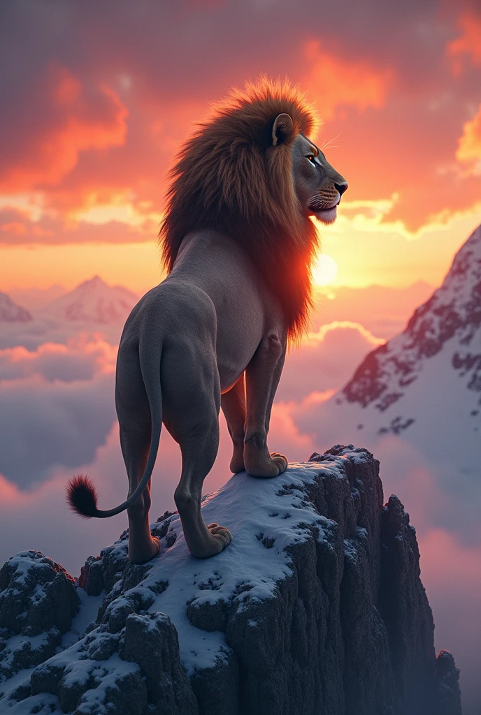 A lion back position on a mountain in sunset