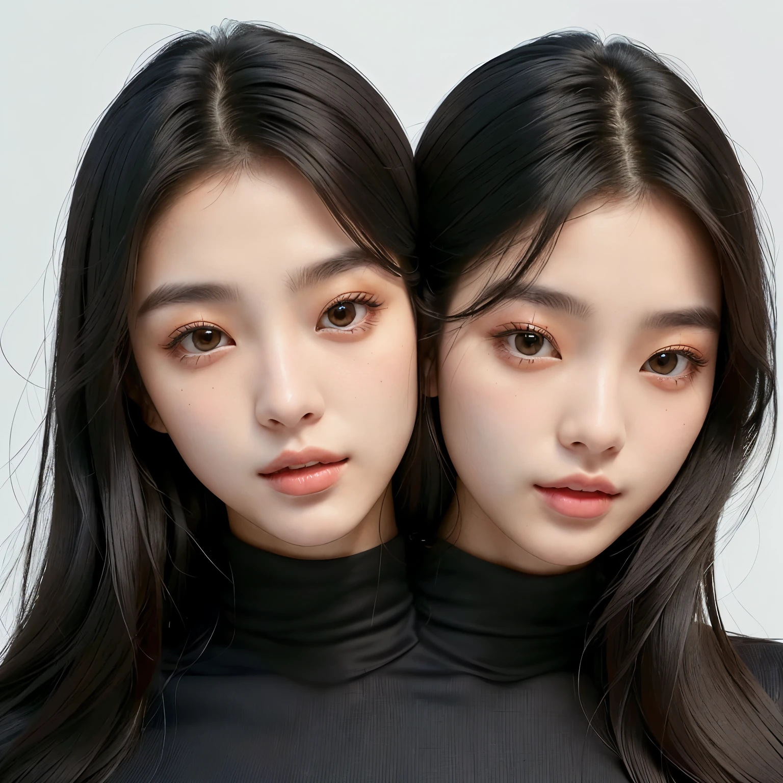 (2heads:1.2), 2heads, korean women, two young women with long hair and black turtle neck shirts, beautiful gemini twins portrait, beautiful highly symmetric faces, beautiful gemini twins, beautiful sci - fi twins, korean symmetrical face, two identical symmetrical eyes, with symmetrical facial features, korean face features, ulzzang, with a twin, beautiful and realistic faces, two girls