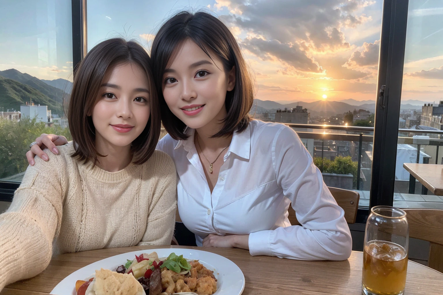 ((Highest quality、8k、masterpiece:1.3))、1 male、1 female、spouse、Beautiful couple、smile、 (Slim face), (The body is スリム), (Brown Hair), (Shortcuts), ((Bob Hale、Straight hair:1.2)), Whiskey bottle and glass on the table、Single Malt、scotch、Shot Glass、On the rock、Scotland、Shine light on your face、 Amazing view of the sunset sky and clouds、Amazing mountain views、smileの美しさ、Bright image、blush, Shortcuts,Bright Face、 (4), 3, Appetizers、Italian food、Long sleeve shirt、dress、Attractive beauty、restaurant, Nova Frog Style, actress, model, Upper Body,