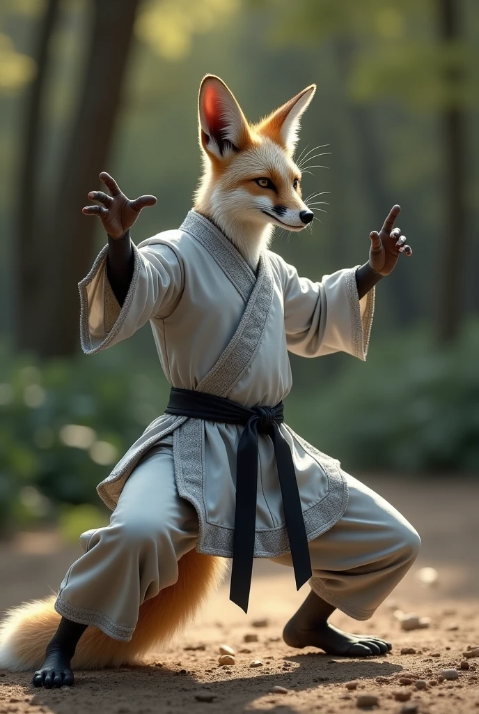 A South American gray fox. Wearing silver martial arts pants with a black belt. Doing tai chi.