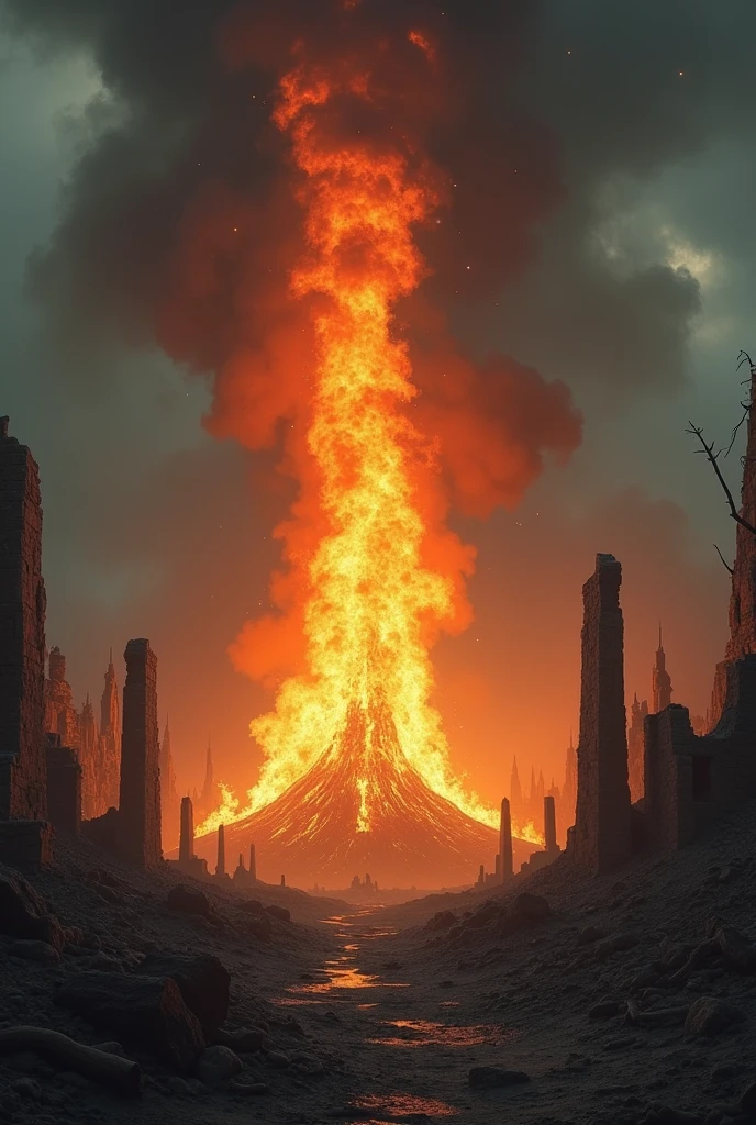 A large bonfire with smoke billowing high into the sky, set against the backdrop of ruins in a post-apocalyptic world.