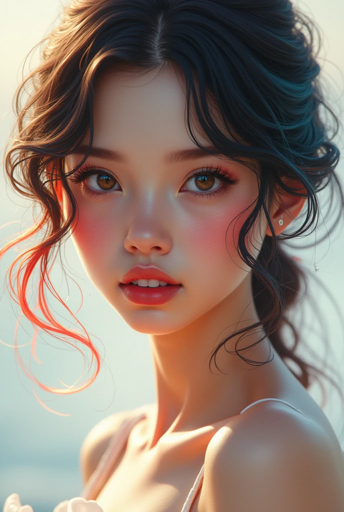 Prompt 0
（masterpiece）），（（Highest quality），（Portrait of a beautiful girl），Eye for perfect detail，Face in perfect detail、Very elaborate nose，Radom Color Shorts，Perfect Teeth、Exposing shoulders，Charm，Perfect Face、Dimples on cheeks、Depth of written boundary，High resolution、（Realistic skin texture）），（Well-proportioned hands），Thin lips、Random colored hair，Floating multicolored hair、Narrow waist、
