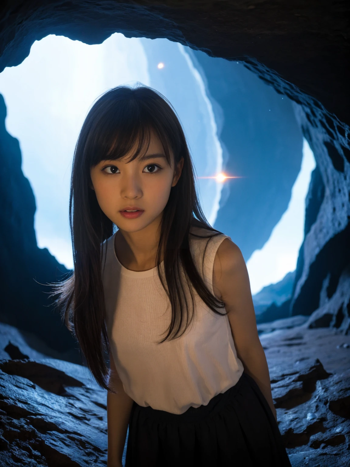 ((Top Quality)), ((Masterpiece)), ((Details)), upper body, ((close-up: 1.1)), More Saturation, strong reflections, bright shade, Place the girl in the foreground at large, Shooting Star - Cave - Black Hole - Girl, A vast, dark cave with a black hole swirling ominously in the distance. A young girl stands at the cave’s entrance, watching a meteor streak across the sky, her presence merging the mysteries of space and the innocence of youth.