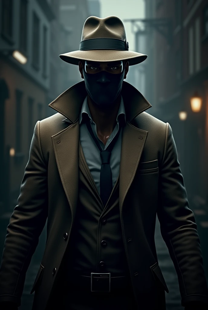PUBG mobile gaming character logo , replacement the background with detective wearing a hat and long coat with mask remove the text