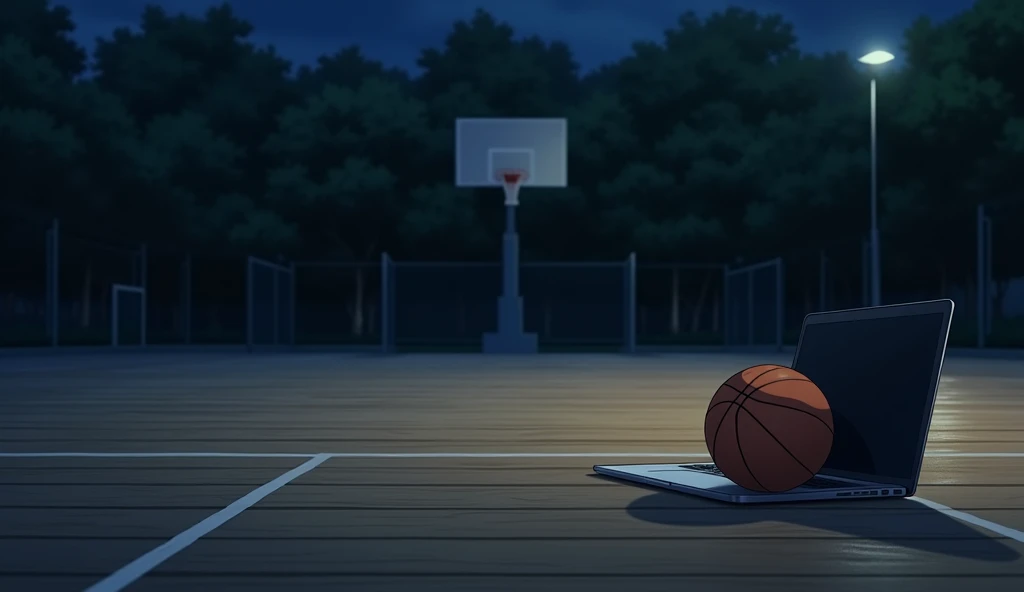 a Japanese outdoor school basketball court, night, the floor is wooden, the court is empty without any people; there is one basketball ball and a laptop on the floor, basketball ball correct size, masterpiece, super detailed. image taken from afar, anime art