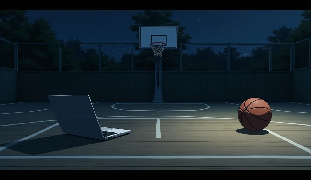 a Japanese outdoor school basketball court, night, the floor is wooden, the court is empty without any people; there is  one basketball ball and a laptop on the floor, basketball ball correct size, masterpiece, super detailed. image taken from afar, anime art