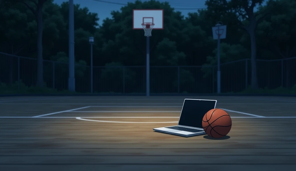 a Japanese outdoor school basketball court, night, the floor is wooden, the court is empty without any people; there is one basketball ball and a laptop on the floor, basketball ball correct size, masterpiece, super detailed. image taken from afar, anime art