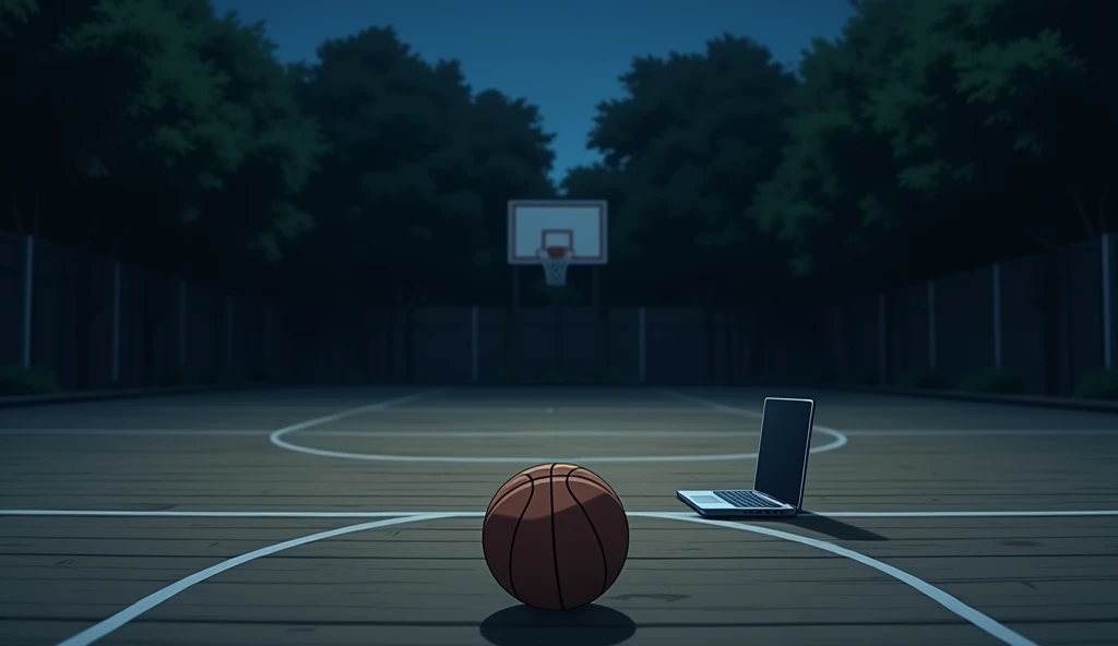 a Japanese outdoor school basketball court, night, the floor is wooden, the court is empty without any people; there is  one basketball ball and a laptop on the floor, basketball ball correct size, masterpiece, super detailed. image taken from afar, anime art
