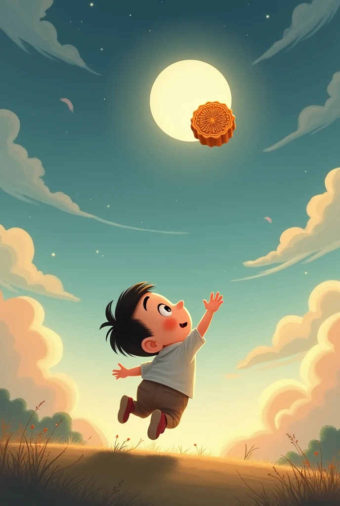 Draw me a picture , chubby boy picks up moon cake falling from the sky