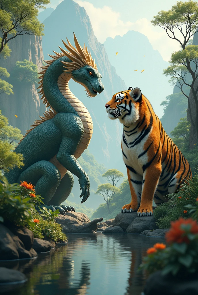 Realistic scene of dragon and tiger together