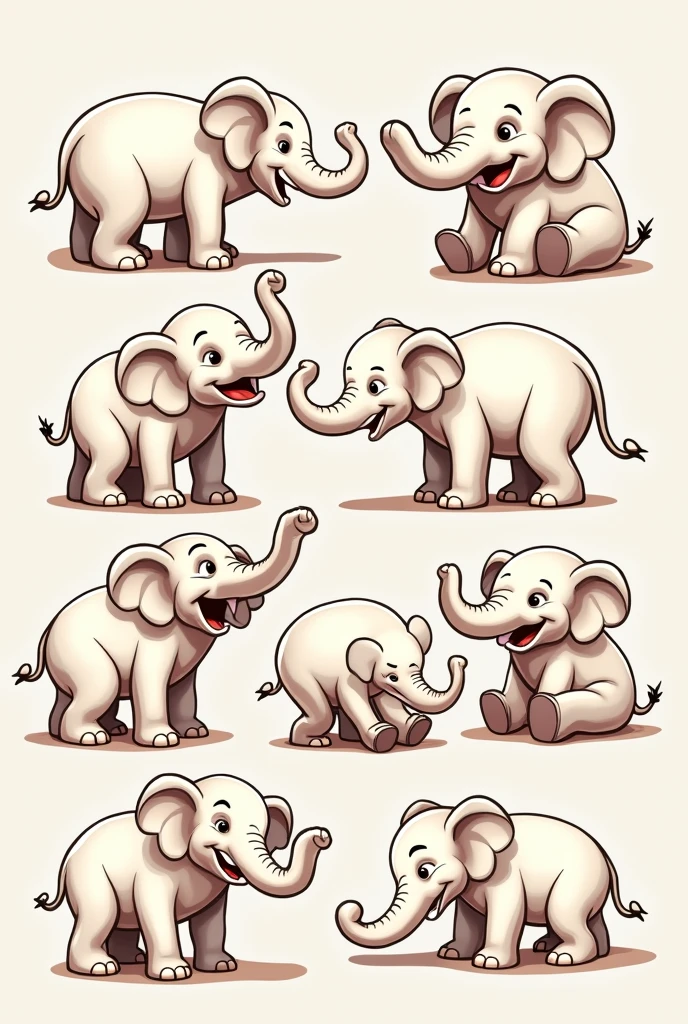 the various expressions of the white elephant ,multiple poses and expressions, happy ,angry ,cry ,expression love ,etc ,emojipack, f/ group,related character,engrafving ,bold outlines, --ar 3:4
