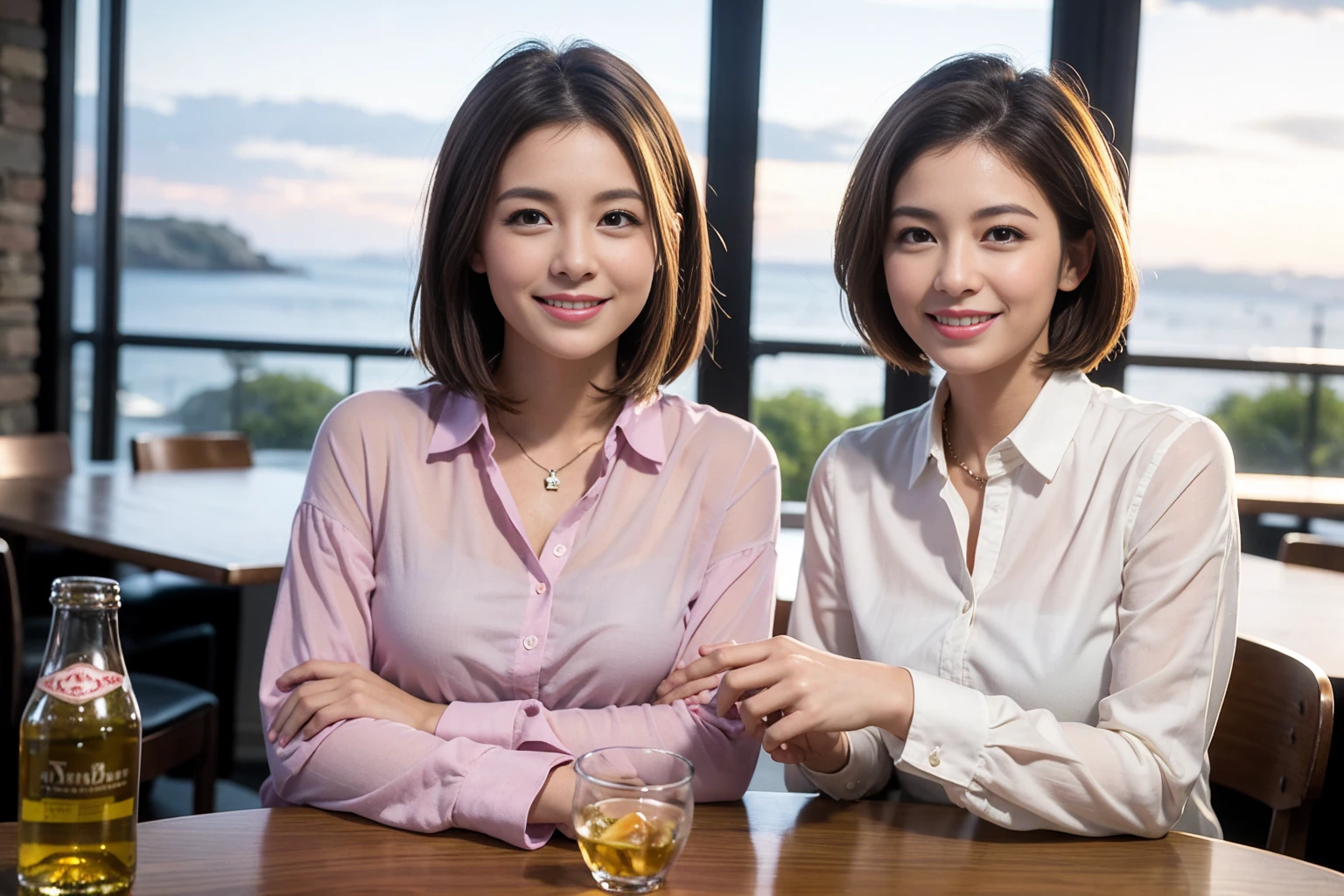 ((Highest quality、8k、masterpiece:1.3))、slimカップル、modelカップル、(Realistic, Intricate details:1.2), full-course dinner、Whiskey bottle and glass on the table、Single Malt、scotch、Rocks glass、Shot Glass、On the rock、Scotland、Amazing view of the sunset sky and clouds、A bright smile、The wonderfulness of smile、 Beautiful Face, blue eyes, The light shines on your face, blush, short hair,Bright Face、 (Age 37), 3,Two beauties、Brown Hair、Shortcuts、Long sleeve shirt、dress、Beautiful woman 1, (slimな顔), (The body is slim), (Brown Hair), (Shortcuts), cheeks turn a little red,Attractive beauty、restaurant, In a prominent place (From the waist up) Nova Frog Style, actress, model, Upper Body, White wine, slim, smile, (smile: 1.15), Beautiful fine grain, Depth f/2,saturation, High Contrast, Strong light and shadow,Moist Body:1.5、3D texture、Delicate eyes、Brown Hair、The hair is very shiny、