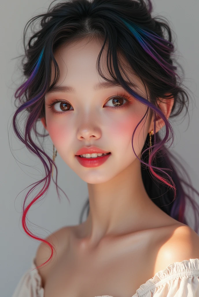 Prompt 0
(masterpiece)),((Highest quality),(Portrait of a beautiful girl),Eye for perfect detail,Face in perfect detail、Very elaborate nose,Radom Color Shorts,Perfect Teeth、Exposing shoulders,Charm,Perfect Face、Dimples on cheeks、Depth of written boundary,High resolution、(Realistic skin texture)),(Well-proportioned hands),Thin lips、Random colored hair,Floating multicolored hair、Narrow waist、