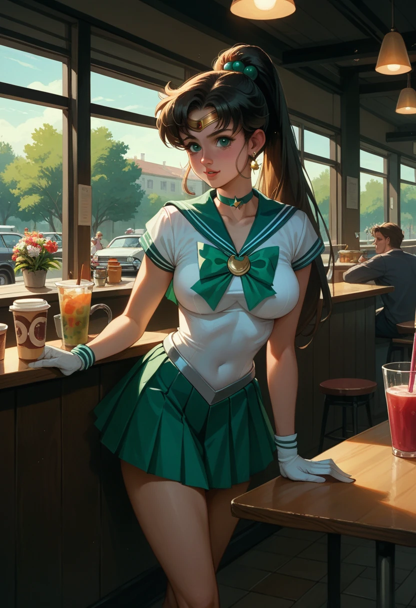 Sailor Jupiter from the cartoon "sailor moon", by the cafe, horse&#39;s tail, torn clothes, bare breasts, annoyed,  looking at the viewer, bare breasts, on his knees in front of me, POV makes me a paizuri, POV my penis between her breasts, in an alley at night,