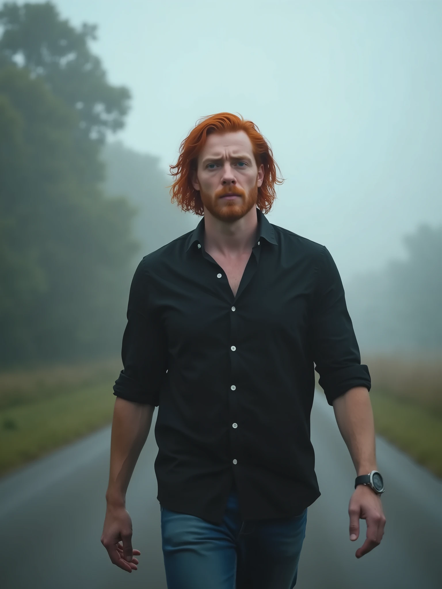 A photo of a man with long red hair and blue eyes. He is wearing a black shirt and jeans. He is walking into a foggy road at noon. The background is blurred and contains trees.