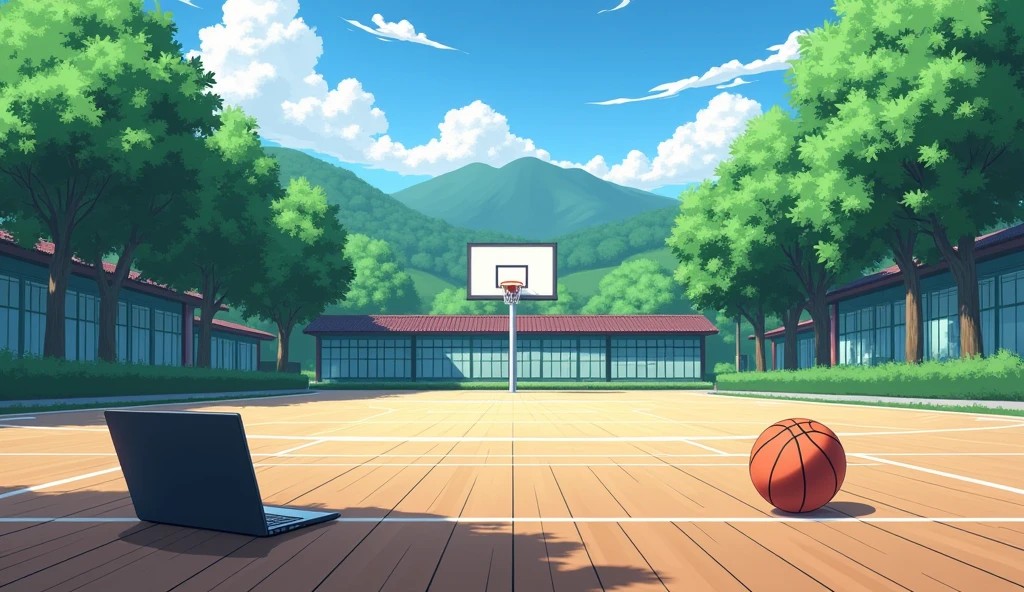 a Japanese outdoor school basketball court. the floor is wooden, the court is empty without any people; there is  one basketball ball and a laptop on the floor, basketball ball correct size, masterpiece, super detailed. image taken from afar, anime art