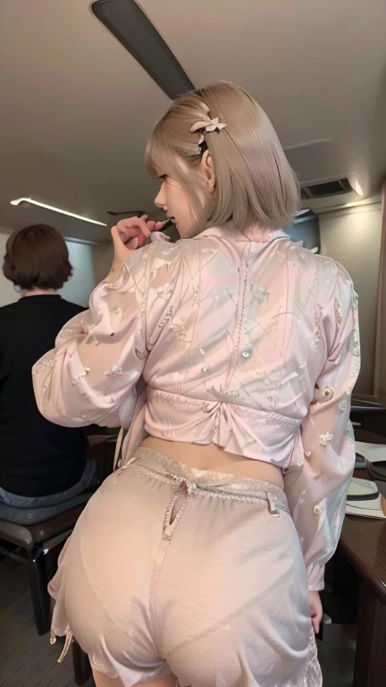 Highest quality, masterpiece, 8k, Ultra-high resolution, (Realistic: 1.4), 1 person, Beautiful Face,Detailed facial expressions、 Symmetrical eyes, big, thin、Perfect figure, stewardess, (Inside the plane: 1.2), Rear View,, (Absolute area:1.3)、Show me the back of the thigh、Lightweight lace pants、Tight ass、Toned thighs、Stick your butt out、thin下半身、small panties in pink lace、See-through blouse、