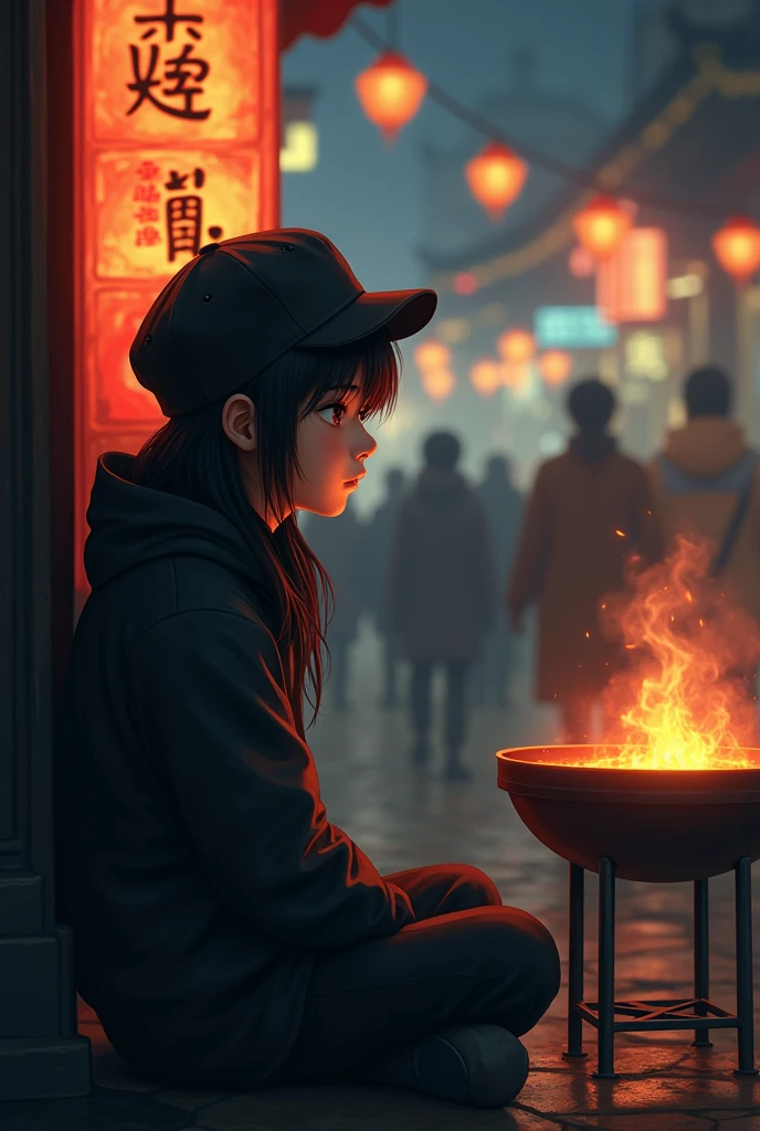 Yiquan is a Chinese boy with long black hair,Likes to wear black caps and black clothes,He sat alone in the corner,Only his back is shown。The light from the barbecue grill reflected on his expressionless face.,There are people coming and going around,And the noisy noises。The picture should be horizontal,16:9