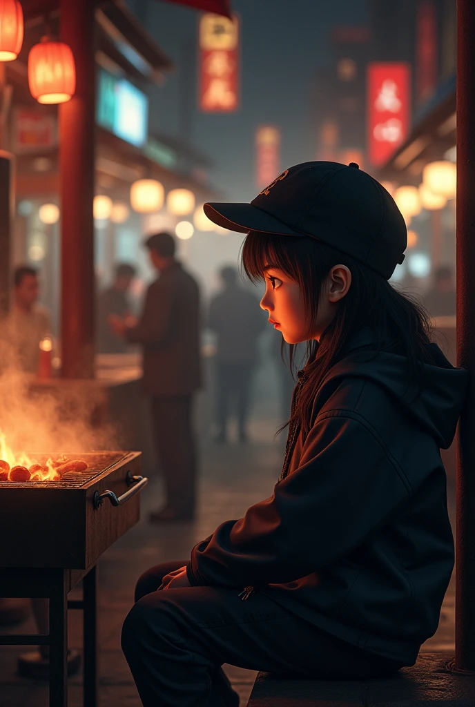 Yiquan is a Chinese boy with long black hair,Likes to wear black caps and black clothes,He sat alone in the corner,Only his back is shown。The light from the barbecue grill reflected on his expressionless face.,There are people coming and going around,And the noisy noises。The picture should be horizontal,16:9