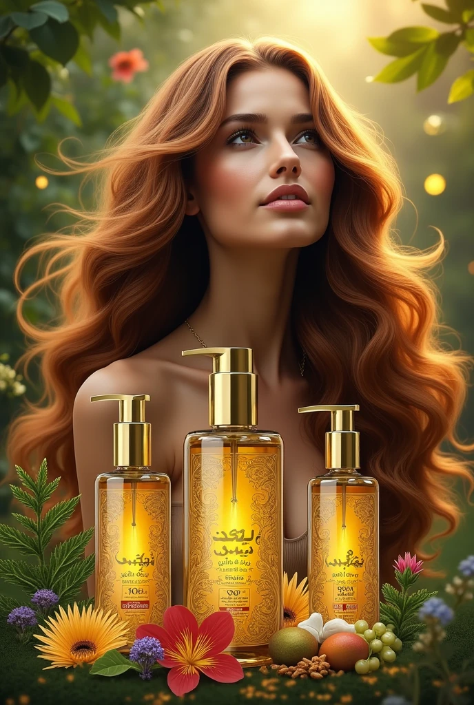 Make a design for me that includes hair oil and shampoo, along with a description in Urdu stating that it is made from 72 types of herbs and is the secret to beautiful hair