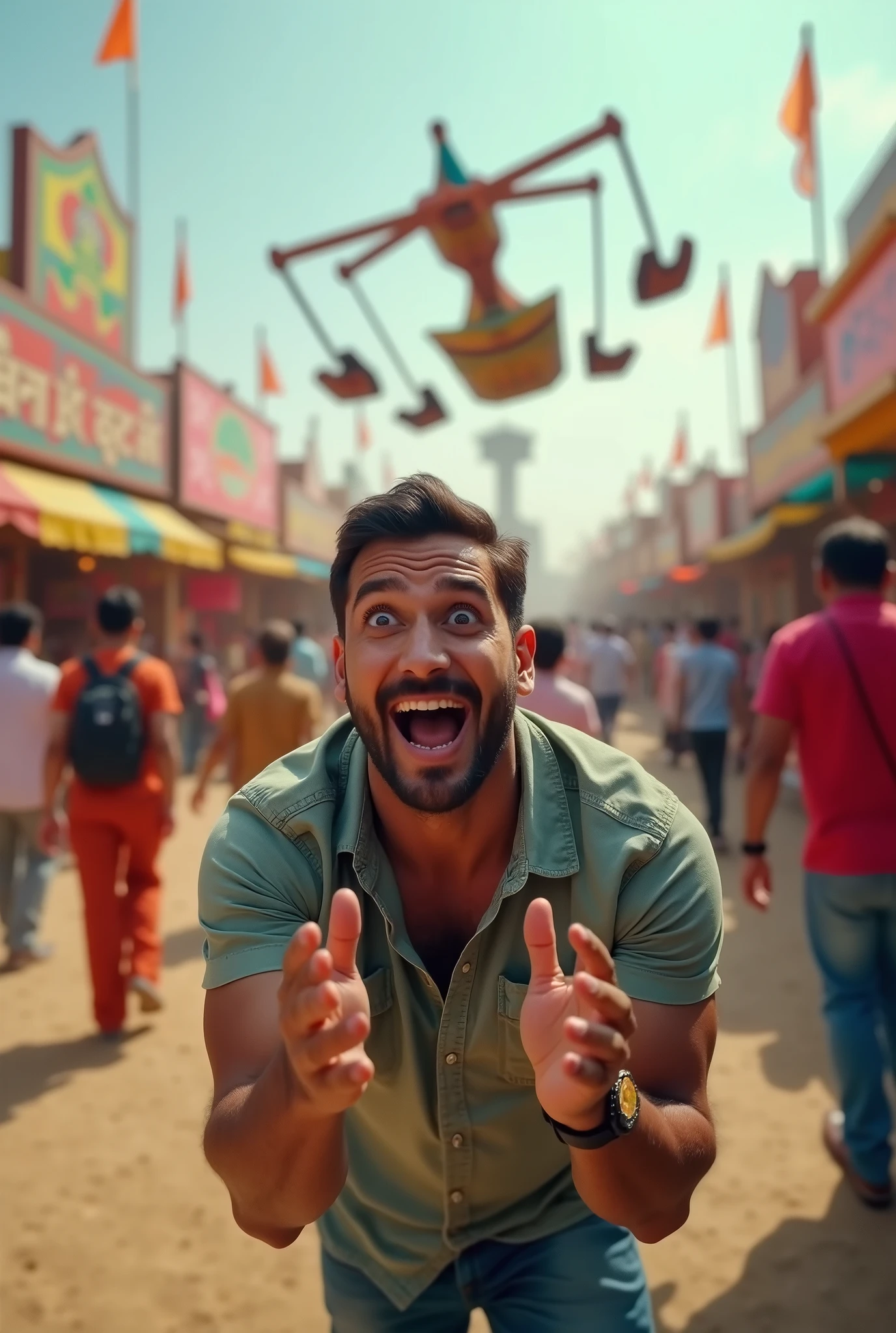 Mujhe ek YouTube video ke liye tumnail bnakr do jisme admi mela ghumne gya ho aur wp happy face ke sth reaction de rha ho aur uske piche jhula dikh rha ho full body bhi show kro uske tumnail hota hai jsa vaaa hi

