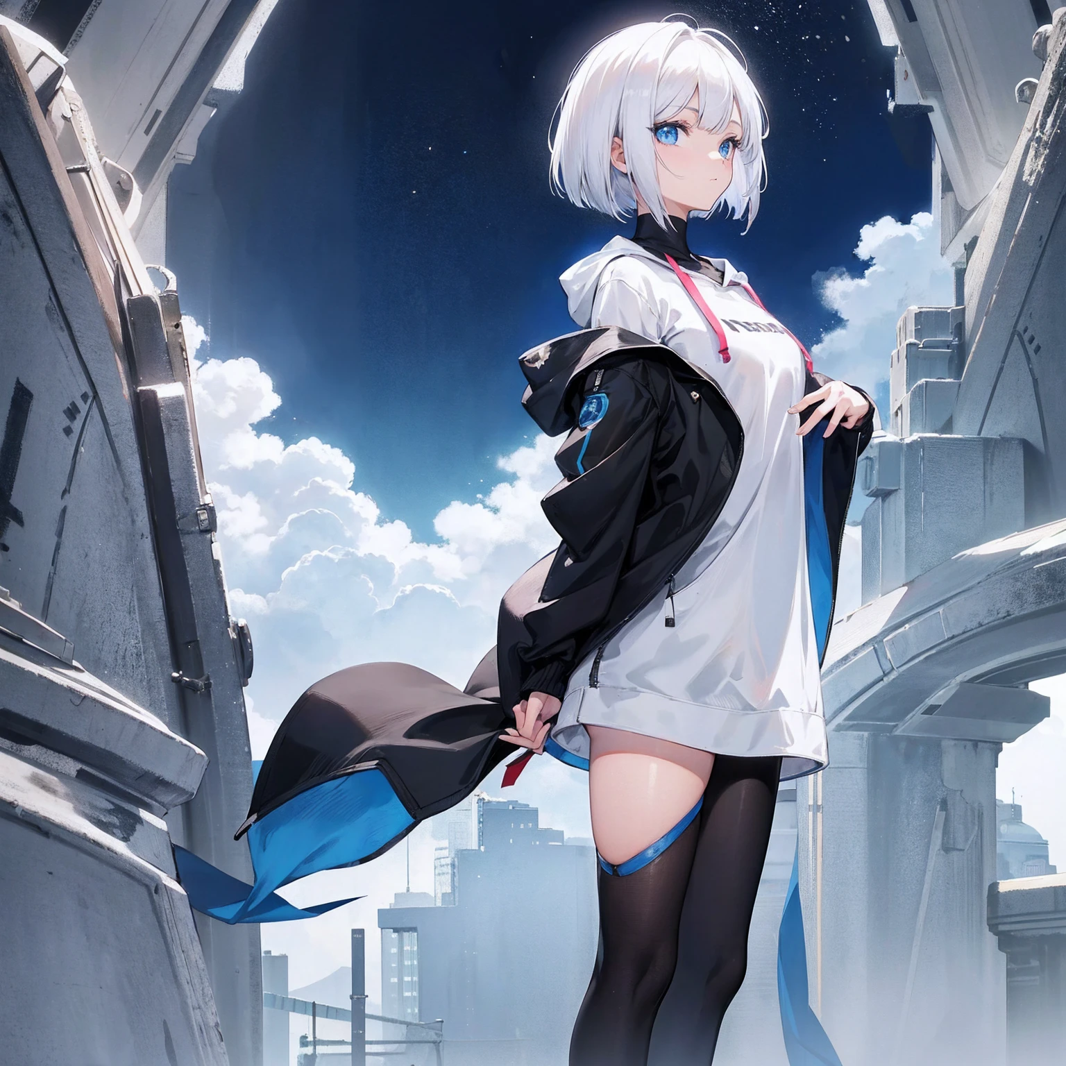 1girl, white hair, bob cut, cat pose, simple back ground, blue eyes, hoodie, 