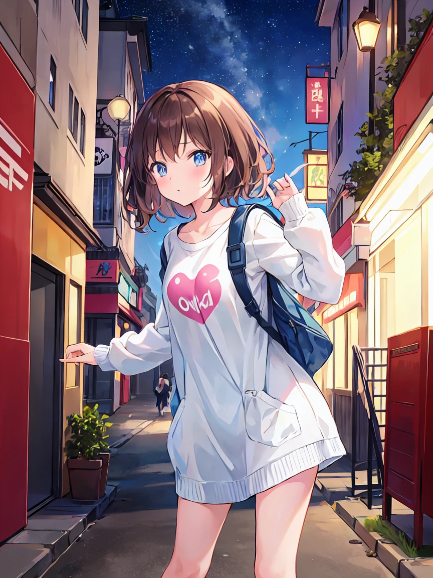 beautiful girl２people，An anime character is carrying a backpack on a crowded street，Brown Hair，Shortcuts，Messy Hair，スレンダー美people，A dignified posture，Small chest，Beautiful feet，Her captivating grey-blue eyes shine like stars，恋する複数のpeople々、Couple、men and women